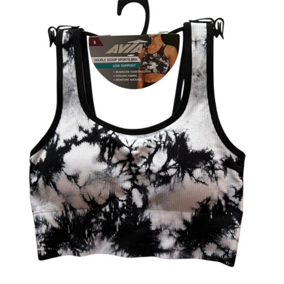 Avia Other - Avia Womens Double Scoop Sports Bra Black White Tie Dye Ribbed Low Support S